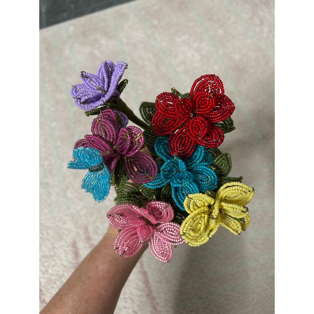Beaded Flower Bouquet Multicolor 6 Stems 11" Home Decor Cottagecore Art Spring - Picture 2 of 10